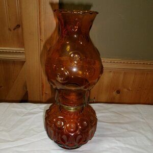 Vtg Dark Amberina Moon Star L E Smith oil lamp 12 in H 6 in base